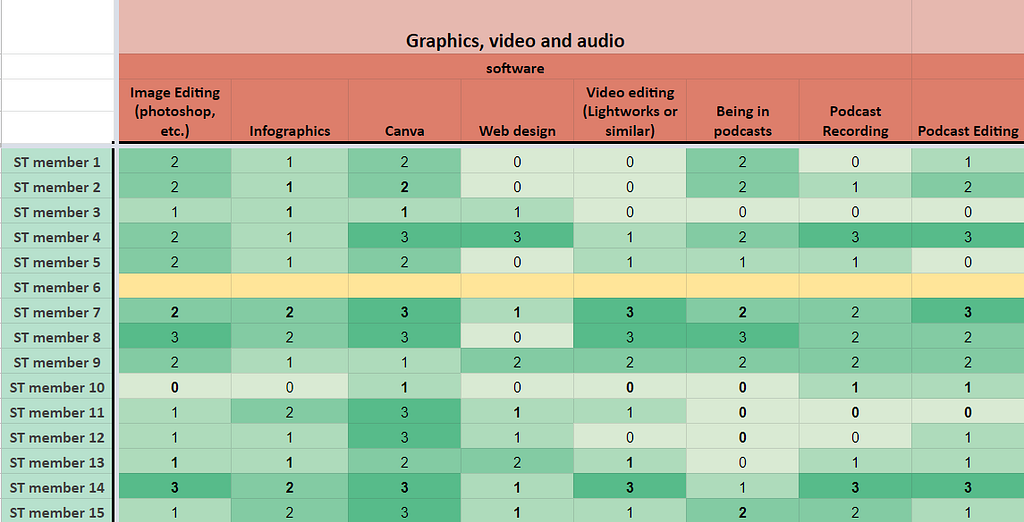 Spreadsheet showing Student Team Members’ competencies in different skills