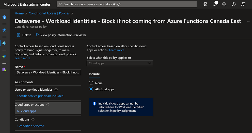 Block access to Dataverse for workload identities not coming from Azure Functions Canada East — Included apps