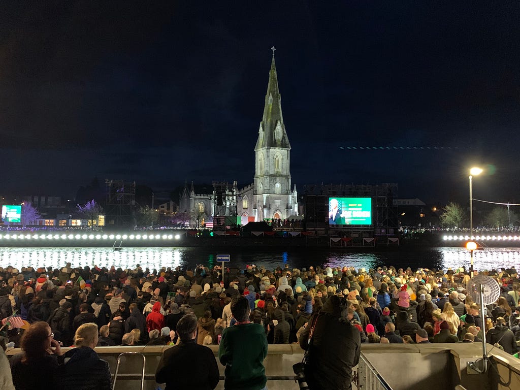 View of St Muredach’s Cathedral, Ballina, all lit up for US President Joe Biden’s visit.
