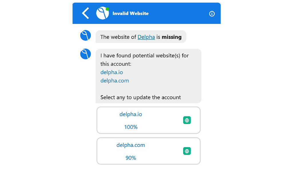 A Delpha conversation showing how end users can find missing account websites in Salesforce