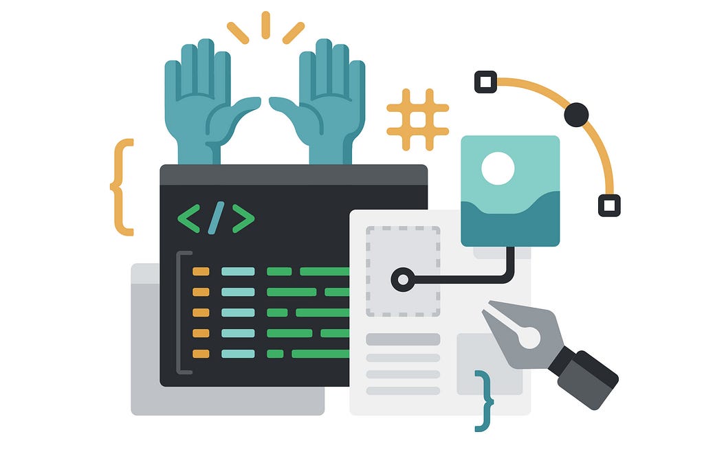 An illustration showing a pair of raised hands, some markdown symbols, and code brackets against a terminal screen.