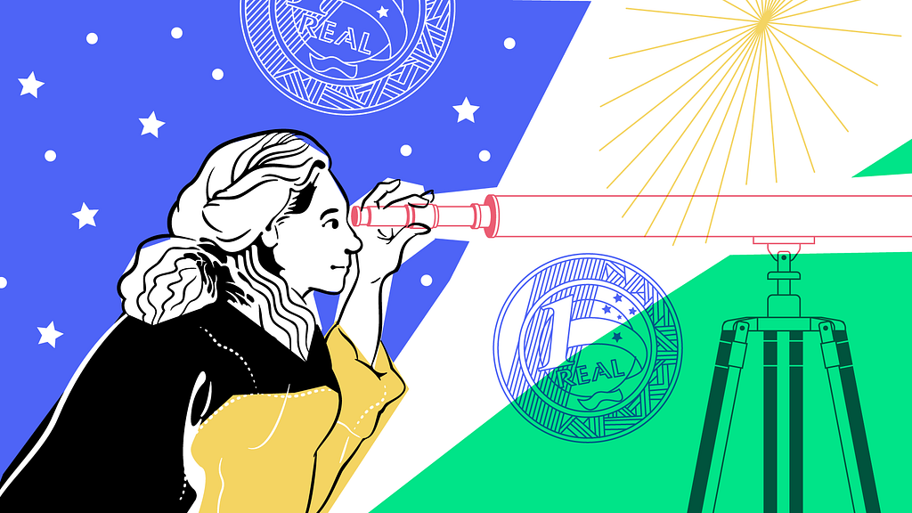 #PraTodosVerem: ilustração de uma mulher com o olho na lente de um telescópio com duas moedas de 1 real no fundo da imagem