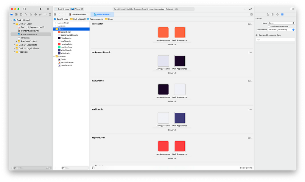 Screenshot dos color sets do projeto Xcode.