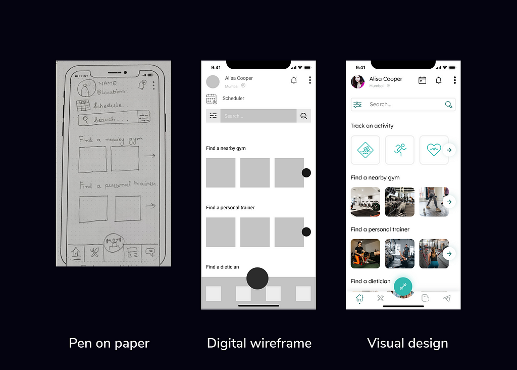 The pen-on-paper, digital wireframe and visual design of the home screen.