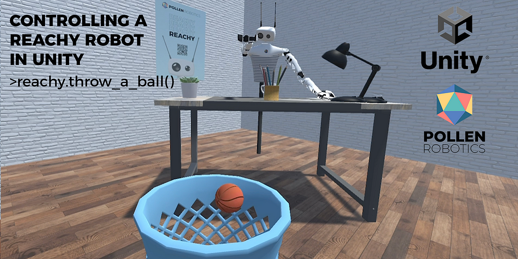 Simulated Reachy in an Unity scene throwing a ball in a basket