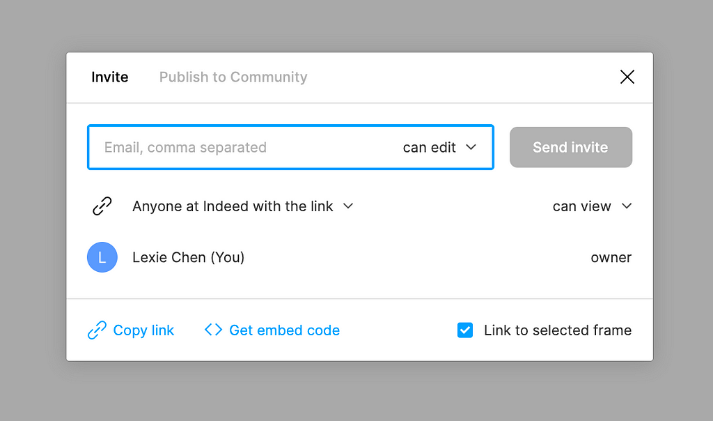 Figma modal for sharing a link to a file. The box is checked to link to selected frame.