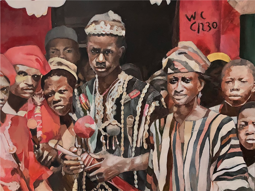 A crowd of formally dressed African people are gathered. They are standing in the sun. Some wear red, others black, white, and green. A tall man in the middle is decorated in symbols that suggest some form of nobility. Together, the crowd, seemingly from the past, looks at the viewer as if looking at the future and beyond.