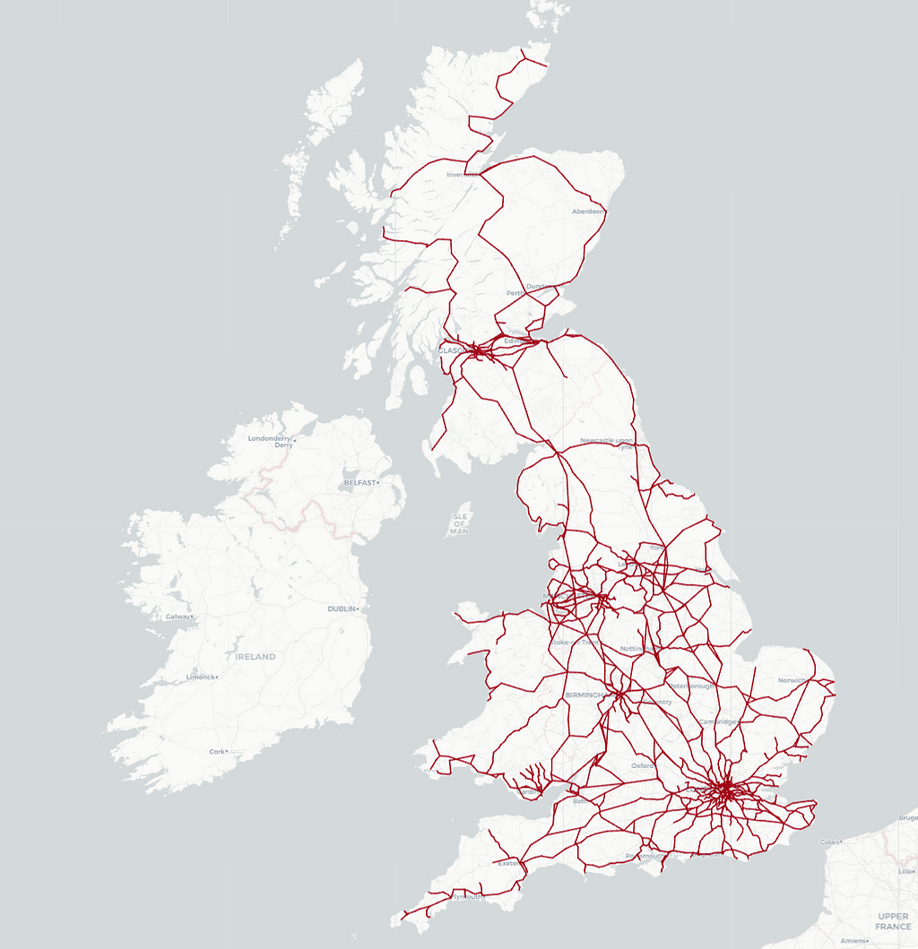 Map of Great Britain overlayed with the train track data