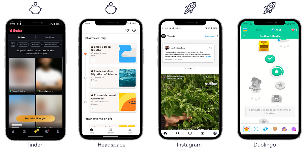 Screens from Tinder, Headspace, Instagram and Duolingo