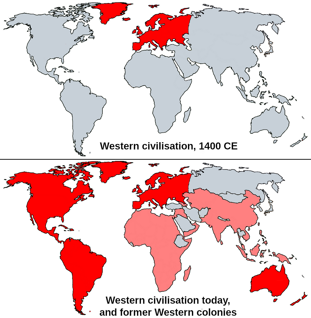 Western civilisation in 1400 CE occupied only the continent of Europe. Western civilisation today spans four continents, and virtually every other land has been a Western colony.
