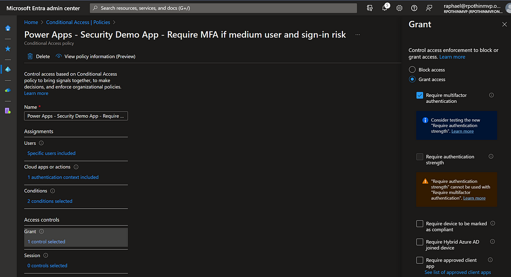 Require MFA for a user with medium user or sign-in risk — Require MFA grant control
