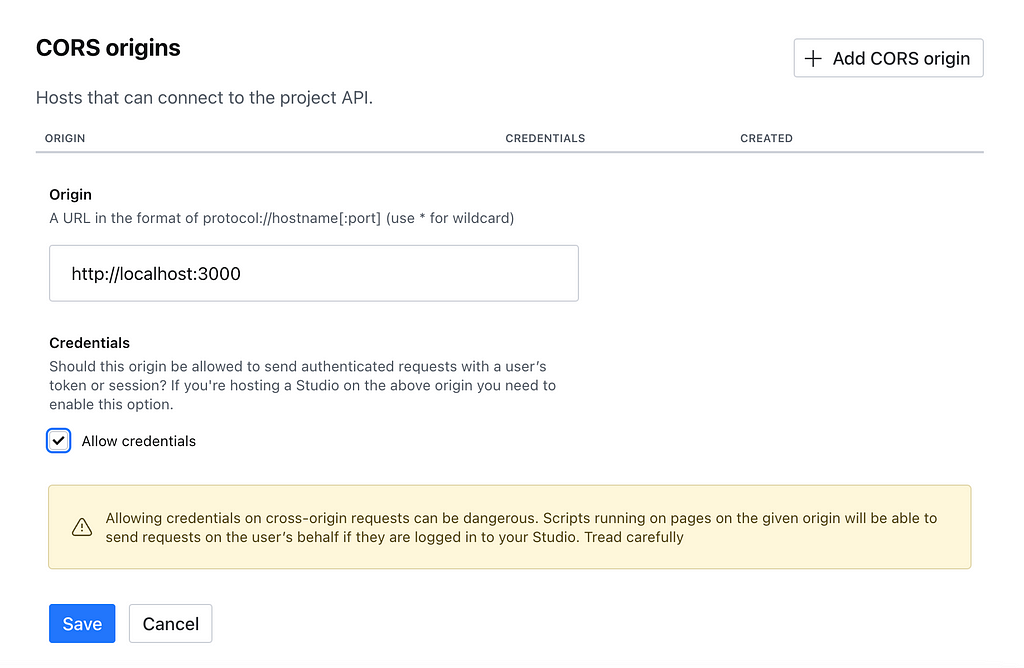 A pre-filled form to add CORS origin, checkbox for ‘allow credentials is checked