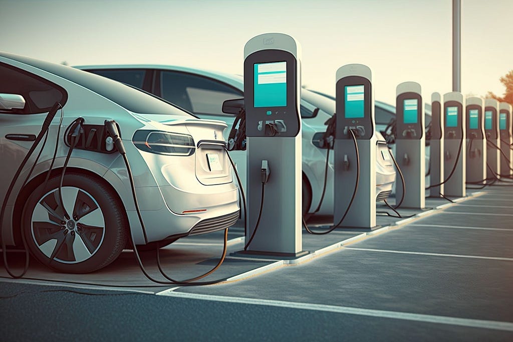 A lineup of vehicles using EV chargers.