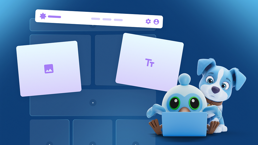 Dash and Jasper sitting behind a laptop, checking out the new Dart and Flutter websites built with Dart and Jaspr, with a mockup of a website layout behind them.