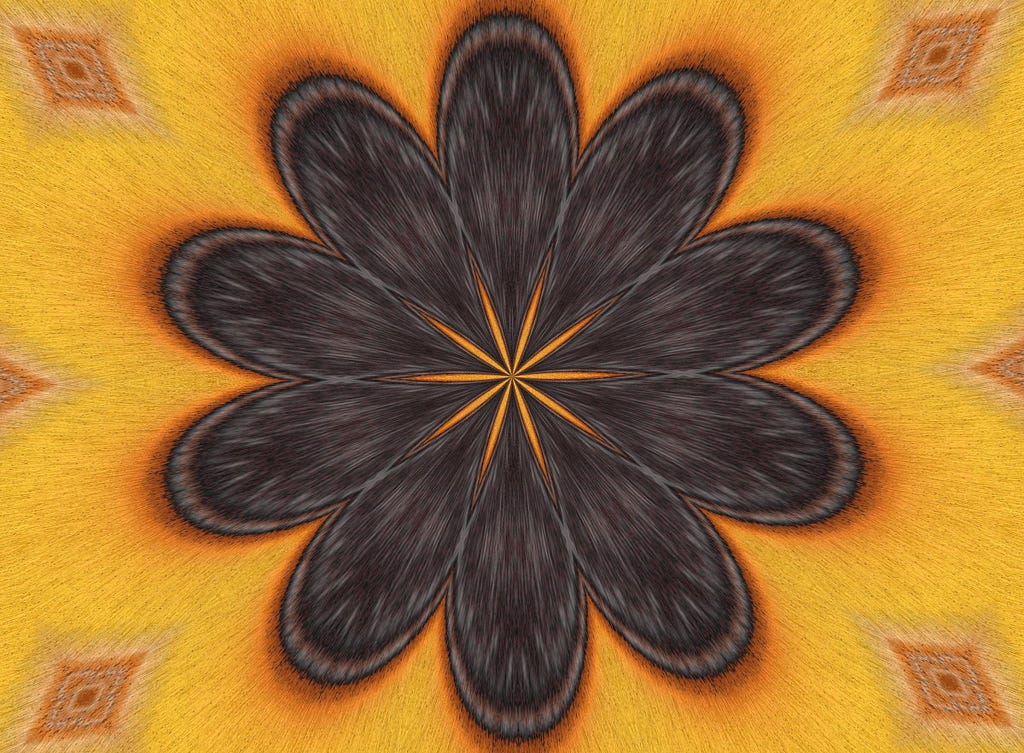 A yellow and black mandala. The black inner is shaped like 10 flower petals and the outer is an orangey-yellow pulsing shape.