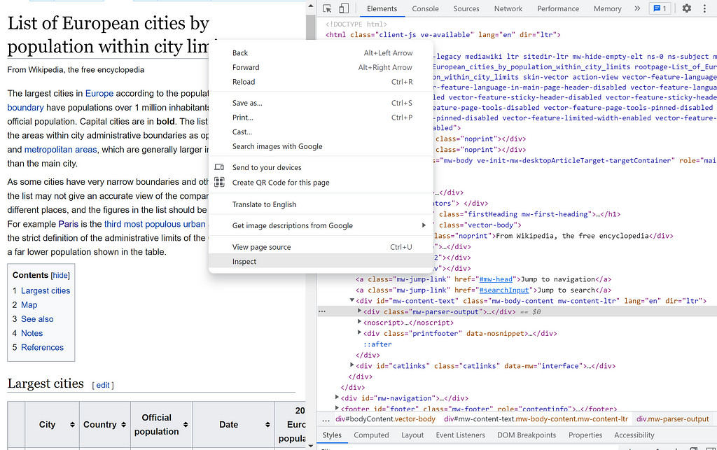 Screenshot of Wikipedia European cities list with browser inspection panel open