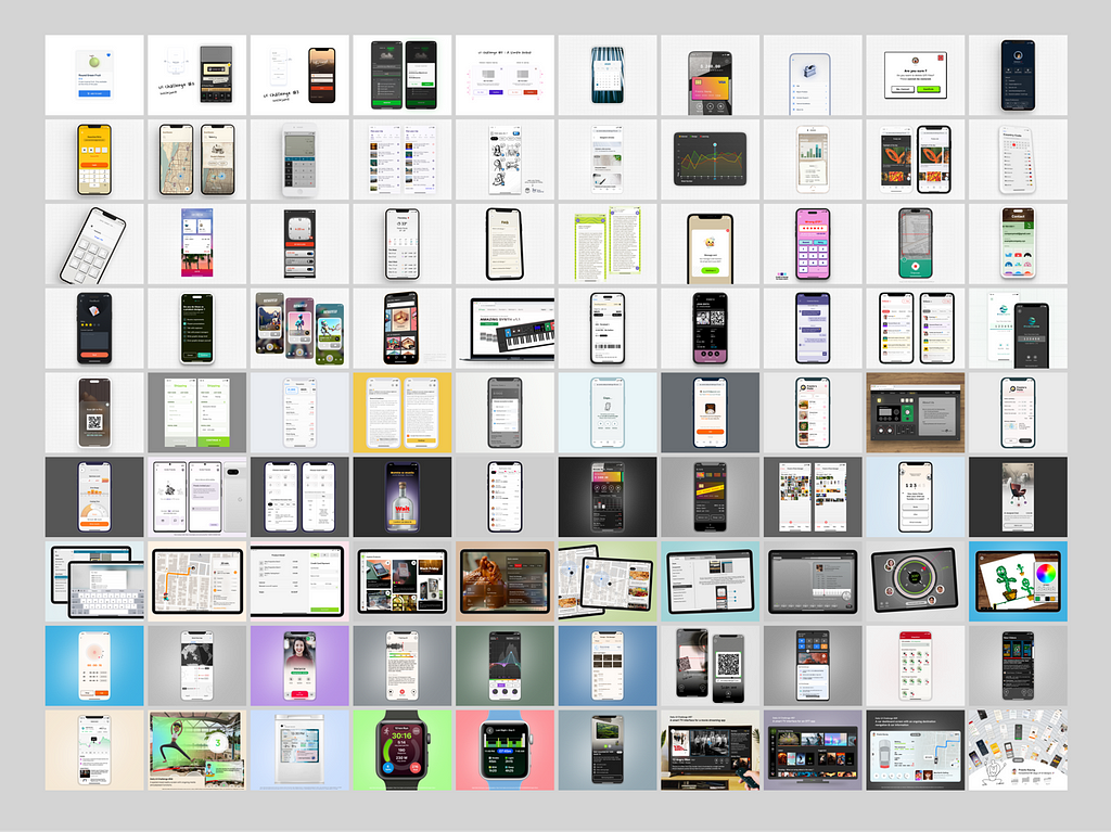 A collage of 90 UI designs in one picture.