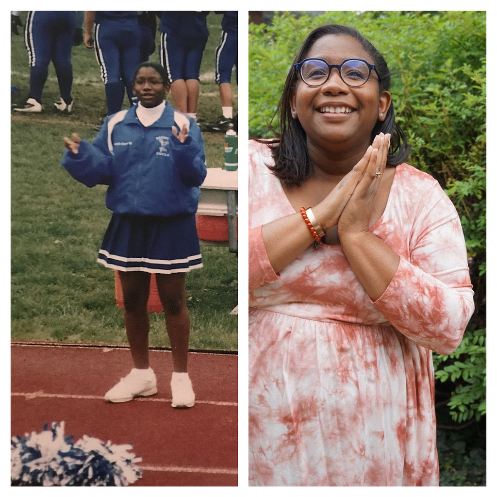Left: Teenage Arielle, a black young woman in a blue cheerleading uniform clapping. There are football players on the field behind. Right: Adult Arielle in a pink tie-dye top, smiling, hands clasped, in front of greenery.