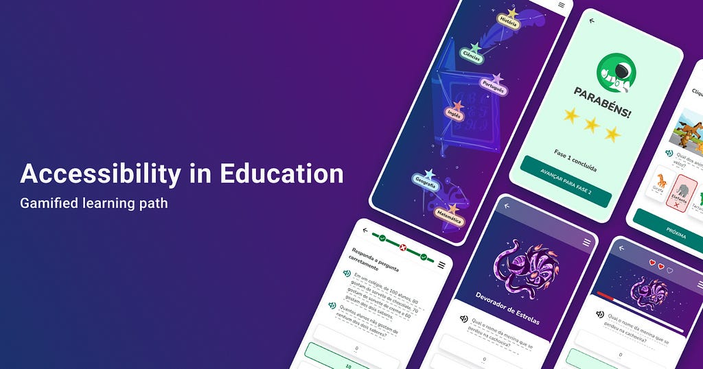 This is the article’s cover with a purple background, with the title on the left side: Accessibility in Education — Gamified learning path. On the right side some screens of the project are shown, but don’t worry, they will be described in detail throughout the article.