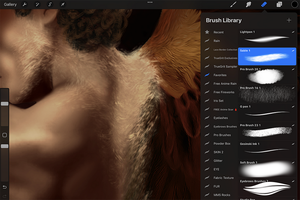 Screen capture from Procreate showing detail of painting and brush sets