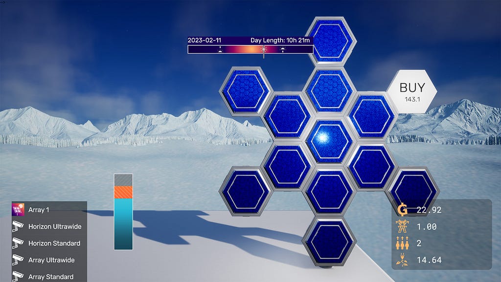 An icy landscape sits in the background. In the foreground an array of hexagonal solar panels can be seen. One of the hexagons is plain white and has the caption “Buy” displayed on it. Various bits of data can also be seen around the screen.