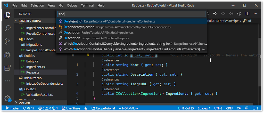 Screen shot of Visual Studio Code returning classes, methods and properties from the “de” input