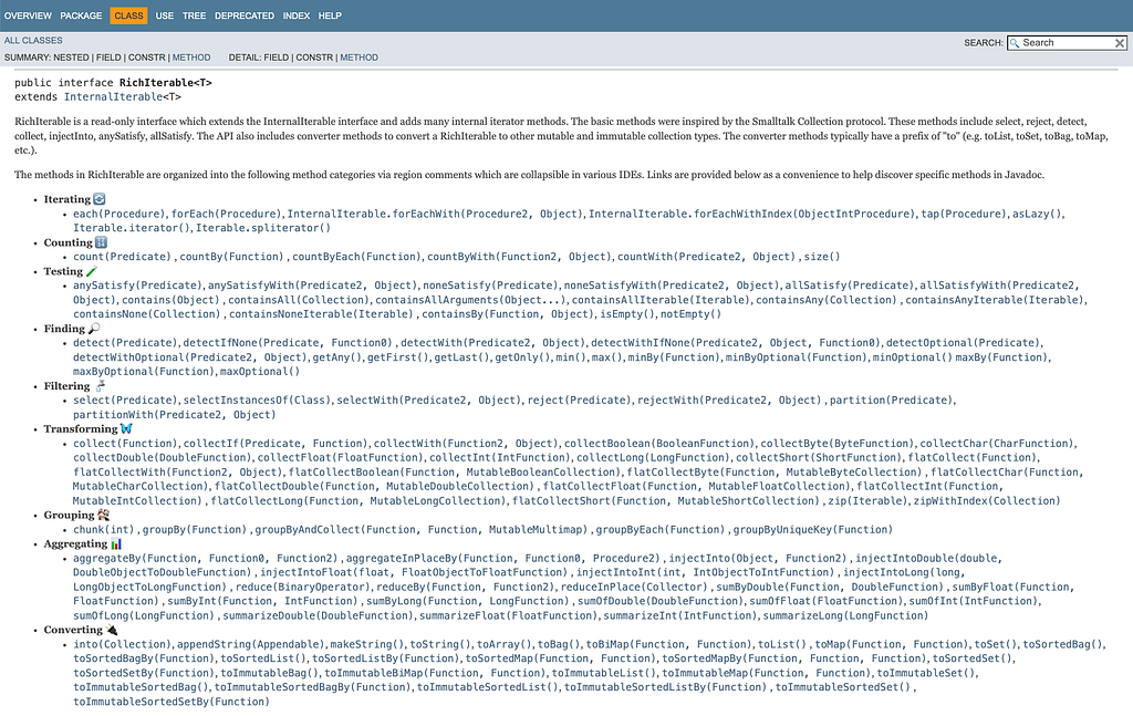 Javadoc in browser for RichIterable with method categories and emojis