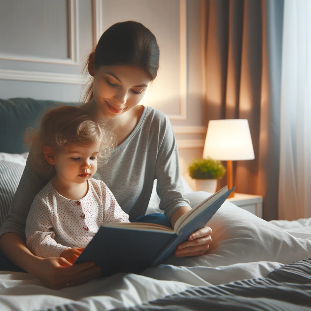 Mother and toddler daughter bonding over a bedtime story in a tranquil bedroom setting