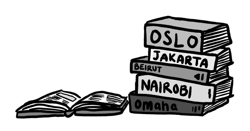 Illustration of travel books labeled Oslo, Jakarta, Beirut, Nairobi, Omaha.