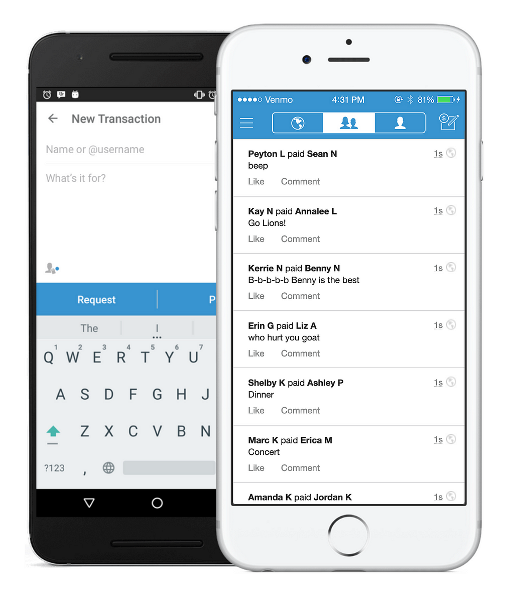 Two phones showing mockups of the Venmo app. The first one shows the transaction screen. The second one shows feeds.