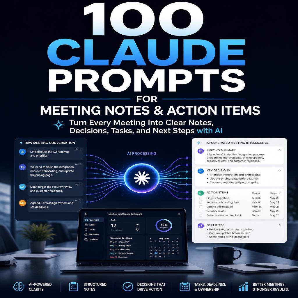 100 Claude Prompts for Meeting Notes and Action Items: Turn Every Meeting Into Clear Decisions and…