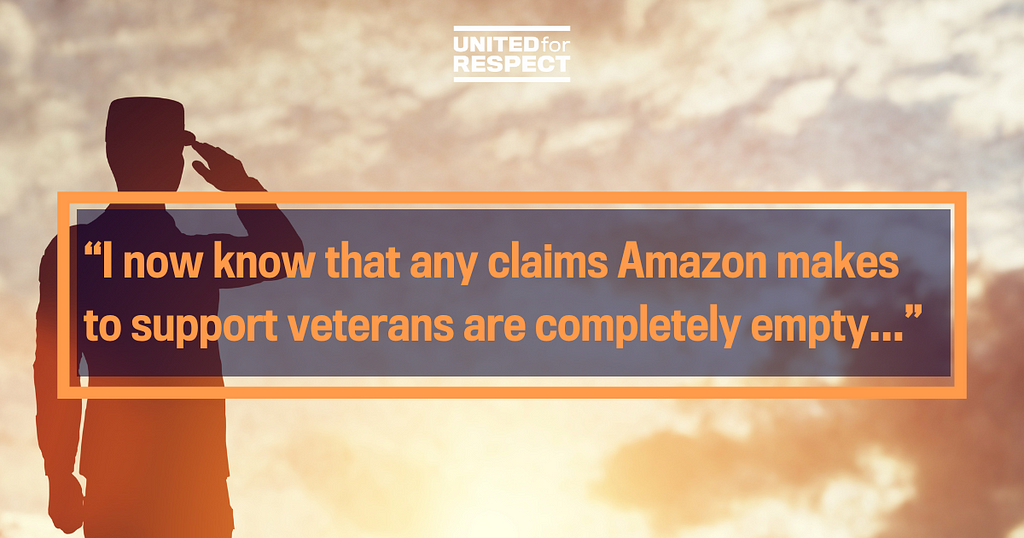 An image shows a veteran suiting the sunset over the horizone with the pull quote: “I now know that any claims Amazon makes to support veterans are completely empty.”