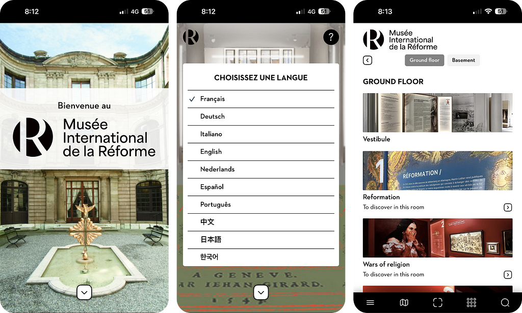 Three screenshots of the Musée International de la Réforme app. The first shows the museum’s entrance with a welcome message, the second offers a language selection menu, and the third displays the ground floor guide with sections like ‘Reformation’ and ‘Wars of religion’