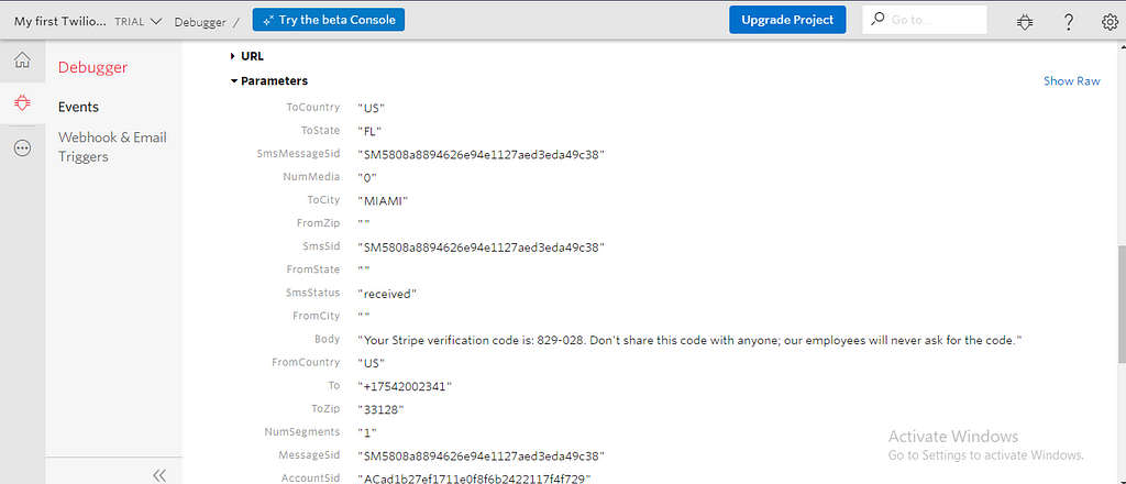 An image of Twilio debugger