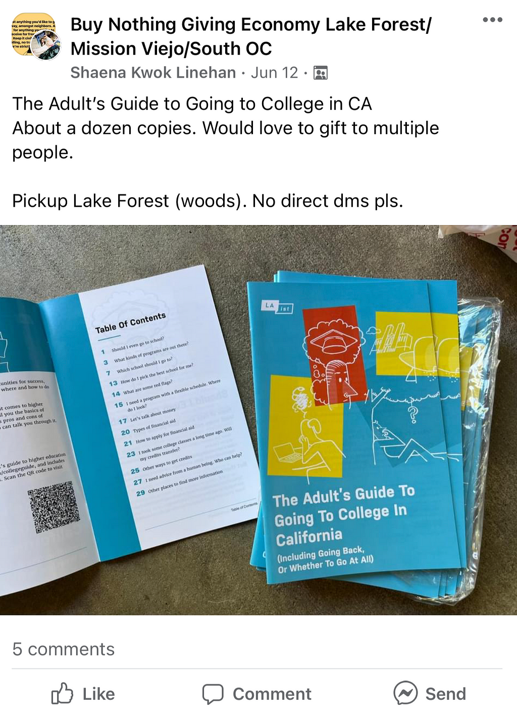 Social Media post featured in a local Buy Nothing Facebook group, offering free copies of guide books to residents in Lake Forest, Mission Viejo, and South Orange County