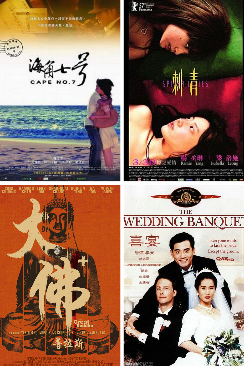 Taiwan Films_ Taiwan Director_ Top left: Cape №7 (Wei Te-Sheng), top right: Spider Lilies (Zero Chou); bottom left: The Great Buddha+ (Huang Hsin-Yao), bottom right: The Wedding Banquet (Ang Lee).