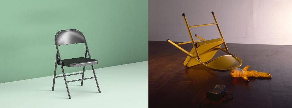 Left, a black folding chair in front of a green wall. Right, yellow chair, upside down, balanced on a baby doll head.