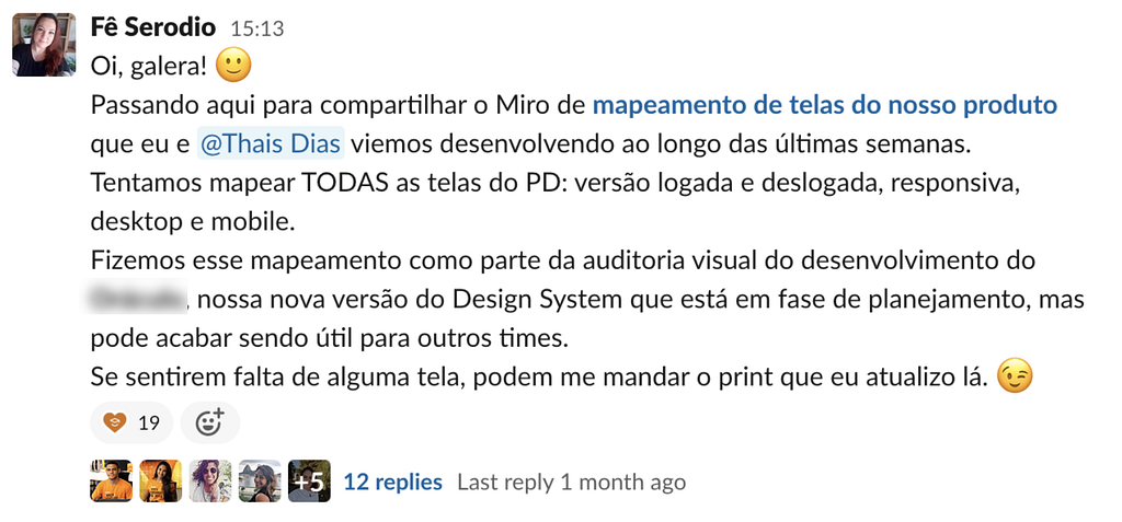 Print de mensagem no slack explicando a etapa de mapeamento de telas e disponibilizando o link do arquivo