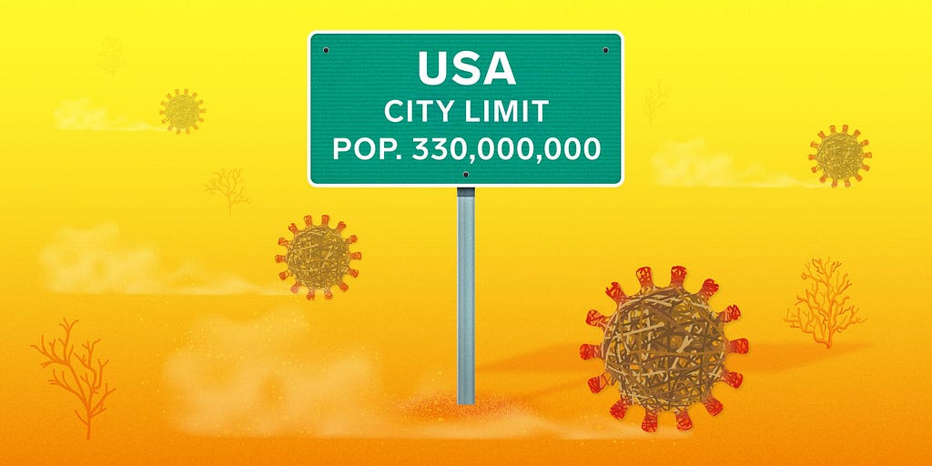 A sign that reads, “USA CITY LIMIT POP. 330,000,000.”