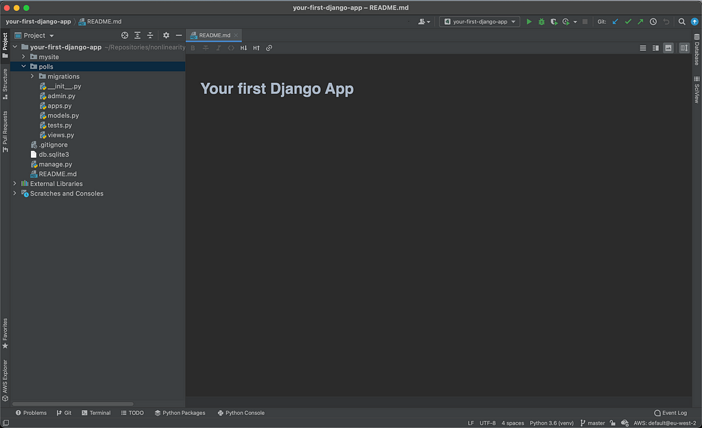 Your first django app in new pycharm window