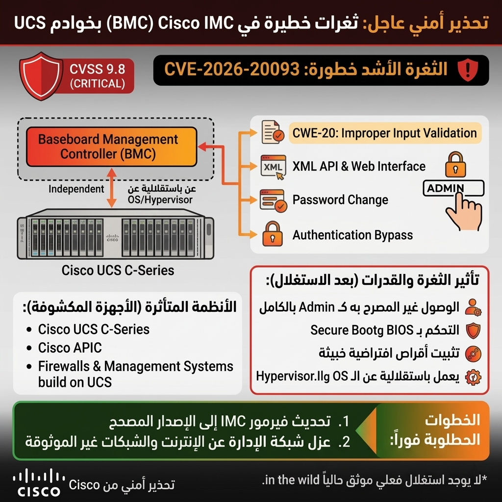 ثغرة CVE-2026–20093 في Cisco IMC: تخطٍ كامل للمصادقة بصلاحيات Admin (CVSS 9.8)