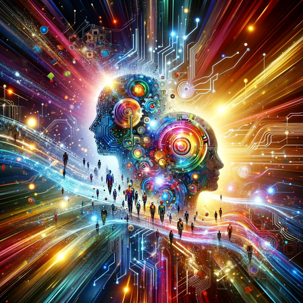 A vibrant image that symbolizes the cooperation between humans and AI in building a better world