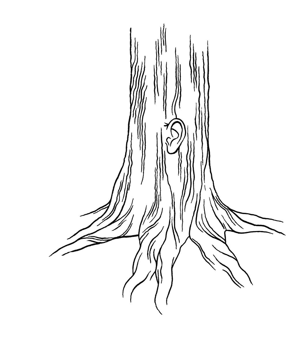 A black ink drawing of a thick tree trunk with a human ear at the center