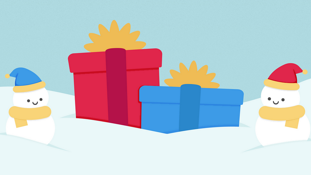 Cartoon illustration of two small, happy snowmen standing on either side of a set of two Christmas present boxes.