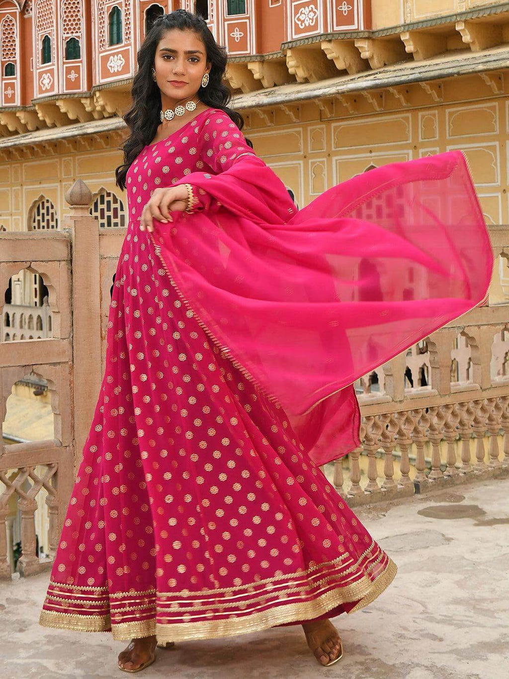 Magenta Georgette Foil Print Kurta With Dupatta