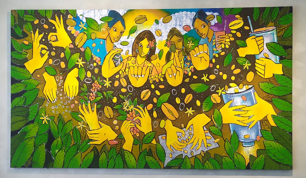 A mural designed by Malaysia’s famous dead artist, Lim Anuar. The painting depicts four local woman and various hand gestures. Lim Anuar paints in Batik motives.