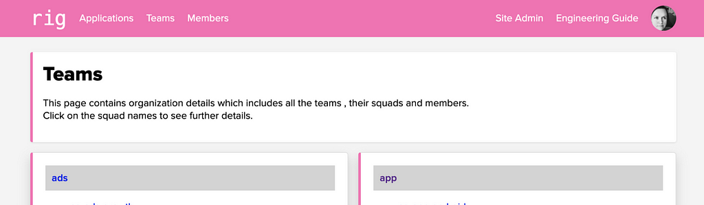Screenshot of the teams page in rig UI that includes a listing of all tech teams (e.g. ads, apps, etc)