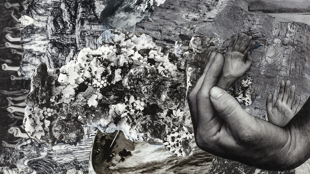 Photographic collage using images cut out from magazines and books. The scene depicts a complex and confusing image. To the left side, a sea of arms making fists all stick out horizontally. To the left side a large hand enters the image cradling two more hands which are held out as if asking for help. Behind these hands, against a cliff face a small skeleton can be seen in the foetal position. The centre of the frame contains fragments of fruit, rock faces, foliage and the bow of a ship ploughin