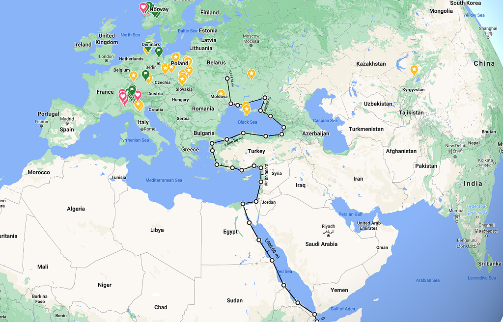 Coastal route to central Europe, GoogleMaps.