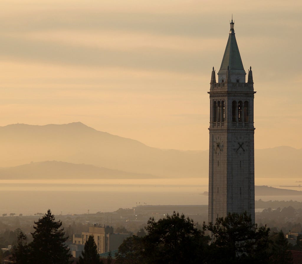 UC Berkeley’s clock tower, the Campanile, at sunset.